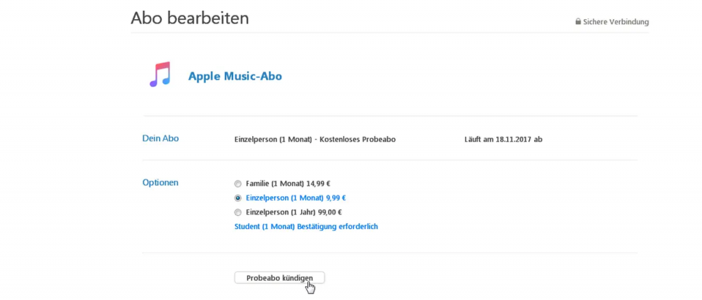 Apple Music Probeabo kuendigen