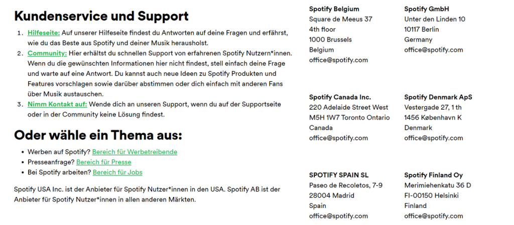 Info Seite von Spotify