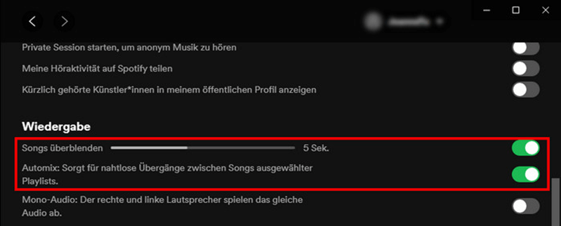 „Songs überblenden“ und „Automix“ aktivieren