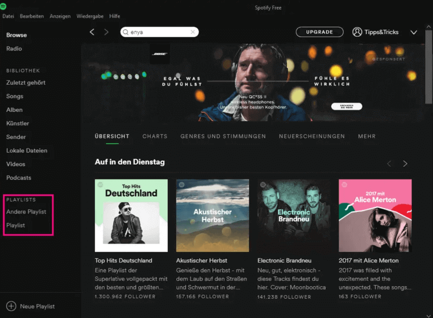 die Option Spotify-Playlist auf Windows