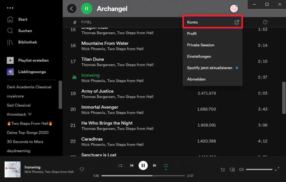 Spotify Kontoseite auf Windows